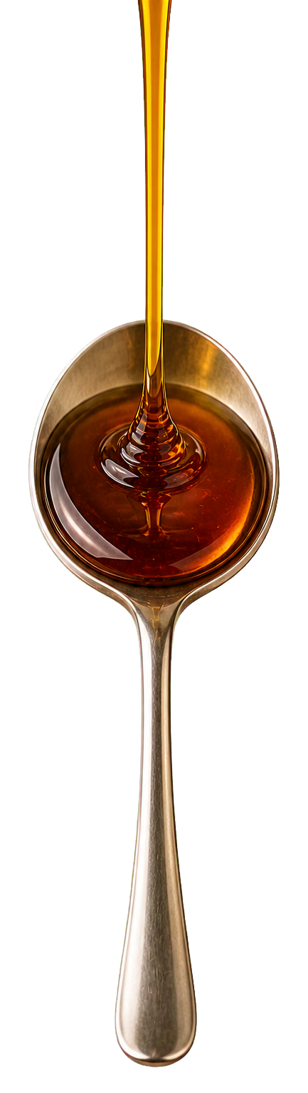 A vertical spoon filled with rich amber honey